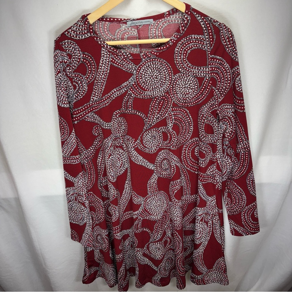 Arianna by Howards Red Chain Print Long Sleeve‎ Tunic Dress S/M